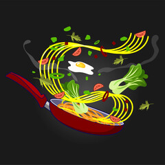illustration of fried noodles in frying pan with float style