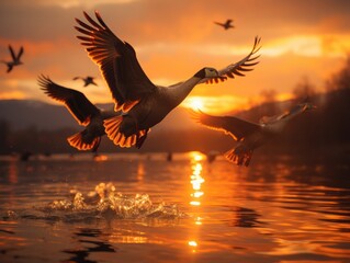 Obraz premium flock of migrating canada geese flying at sunset in a V formation