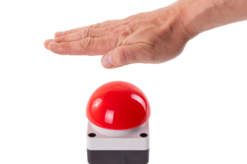 Hand pushing a red buzzer isolated on transparent or white background. Concept of a breakup or new beginning..
