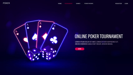 A web banner with neon cards with bright dice for casino and poker on a dark background with text.