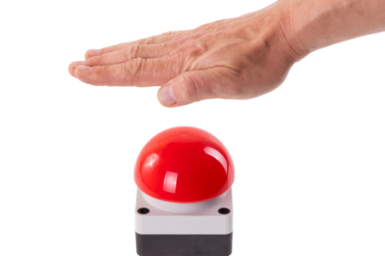 Hand pushing a red buzzer isolated on transparent or white background. Concept of a breakup or new beginning..
