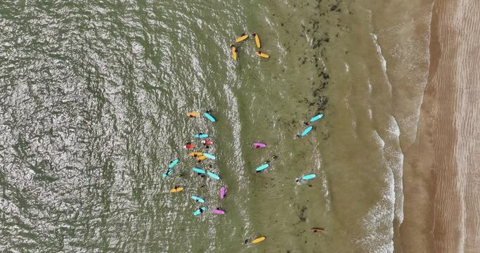 View from above of a beach with surfers practising in the waves by the sand 4k