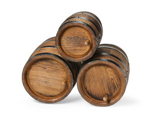 Three traditional wooden barrels on white background