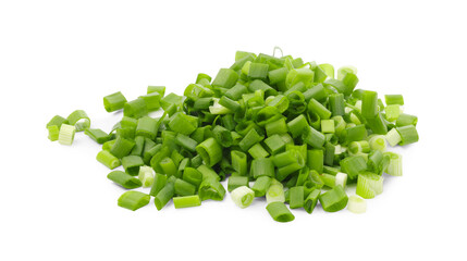 Chopped fresh green onions on white background