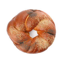 Round braided bread isolated on white, top view. Fresh pastry