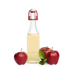 Bottle of delicious cider and red apples isolated on white