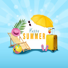 Phrase Happy summer with different beach accessories, deck chair and suitcase on light blue background. Collage design