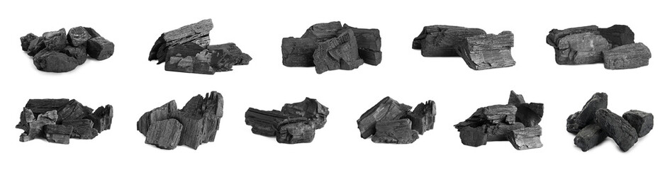 Obraz premium Collage with different pieces of coal on white background