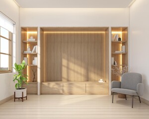 Modern style living room decorated with minimalist tv cabinet and bookshelf, armchair and wood floor, white wall and wood slat wall. 3d rendering