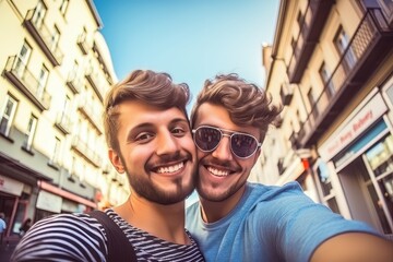 Fototapeta na wymiar a cute romantic homosexual gay couple shooting a selfie while walking together on vacation on a city street and shopping. sunny day time. Generative AI