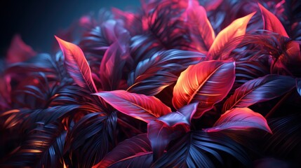 Creative layout made of tropical leaves and neon lights. Minimal concept