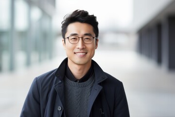 Portrait of a young asian man with eyeglasses outdoors