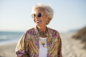Portrait of smiling senior woman wearing sunglasses on the beach at summer