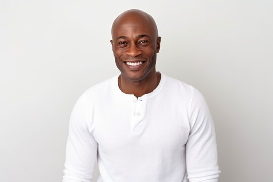 Portrait of handsome african american man smiling against white background