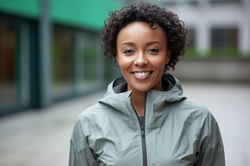 portrait of smiling african american woman in winter jacket outdoors