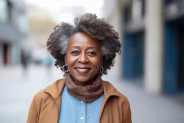 Portrait of a smiling senior woman with curly hair in the city
