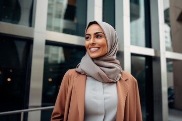 Medium shot portrait photography of a happy Saudi Arabian woman in her 40s wearing a chic cardigan against a modern architectural background  - obrazy, fototapety, plakaty