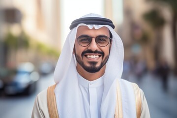 Lifestyle portrait photography of a happy Saudi Arabian man in his 30s wearing a chic cardigan against an abstract background  - obrazy, fototapety, plakaty