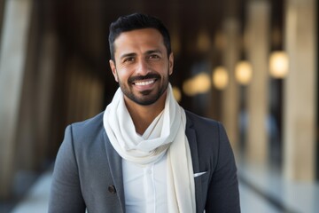 Obraz premium Portrait of handsome businessman smiling at camera in corridor of office building