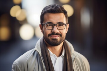 Naklejka premium portrait of handsome bearded man in eyeglasses at city street