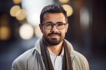 portrait of handsome bearded man in eyeglasses at city street