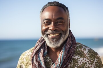 Portrait of smiling senior man standing on beach with handkerchief