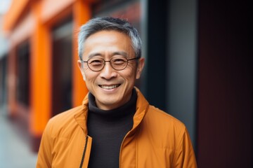 Obraz premium Portrait of a smiling Asian man in an orange jacket and glasses