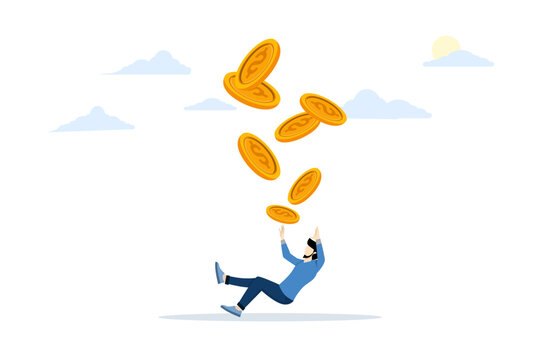 cost and expense problem concept, financial mistake lose money, investment risk or trade failure, debt and loan, businessman investor fall on floor lost all money dollar coin. flat vector illustration