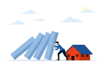 The housing crisis, the real estate market for properties is depressed. Slowdown in real estate prices. Businessman stop domino effect to protect house. flat vector illustration on a white background.