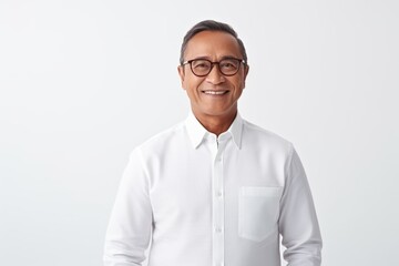 Portrait of happy mature Asian businessman in eyeglasses and white shirt smiling at camera while standing against white background