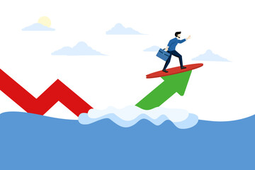investment strategy concept, financial success. Investment risk. Risks in work assignments. Risk management for investment. Businessman surf wave chart. flat vector illustration on a white background.