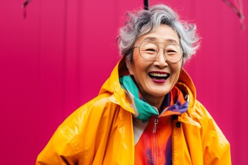 happy senior asian woman in raincoat and eyeglasses looking at camera