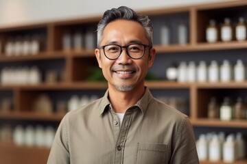 smiling asian senior man with eyeglasses at barbershop