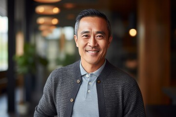 Obraz premium Medium shot portrait photography of a pleased Indonesian man in his 40s wearing a chic cardigan against an abstract background 