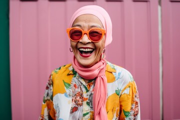Portrait of a happy smiling muslim woman in sunglasses and headscarf