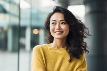 Fototapeta premium portrait of smiling young asian woman in yellow sweater looking away