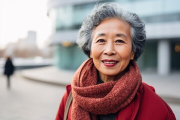 Portrait of smiling senior asian woman in red coat and scarf standing outdoors