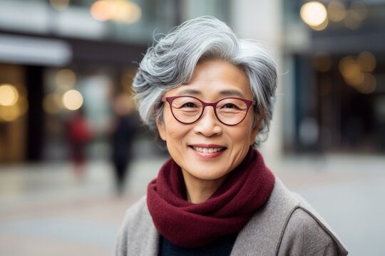 Portrait Of Senior Asian Woman Wearing Eyeglasses In The City