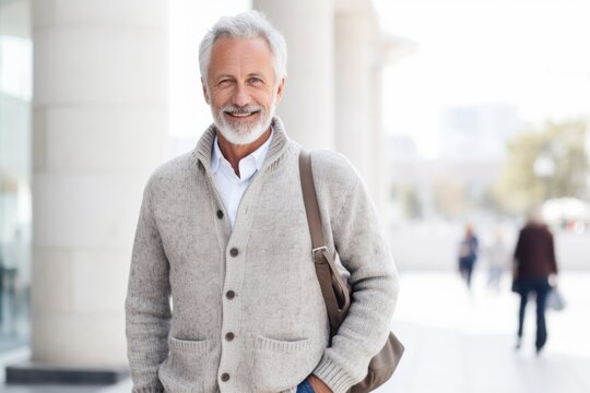 Portrait of smiling senior man standing with hand in pocket in city