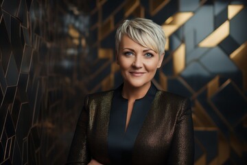 Fototapeta premium Portrait of a beautiful blonde woman in a gold jacket on a dark background