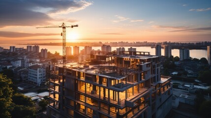 construction site and sunset , structural steel beam build large residential buildings at construction site