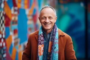 Portrait of a smiling senior man in coat and scarf in the city