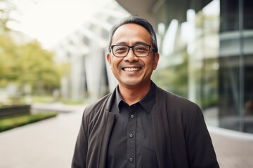 Close-up portrait photography of a pleased Indonesian man in his 50s wearing a chic cardigan against a modern architectural background 