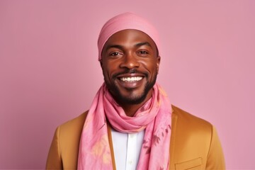 Handsome african american man with pink scarf on pink background