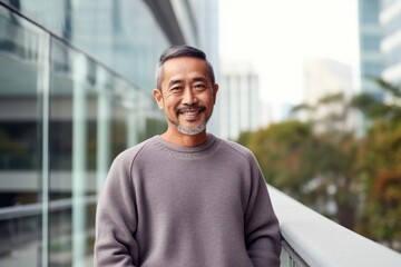 Portrait of smiling mature asian man in casual clothes standing outdoor