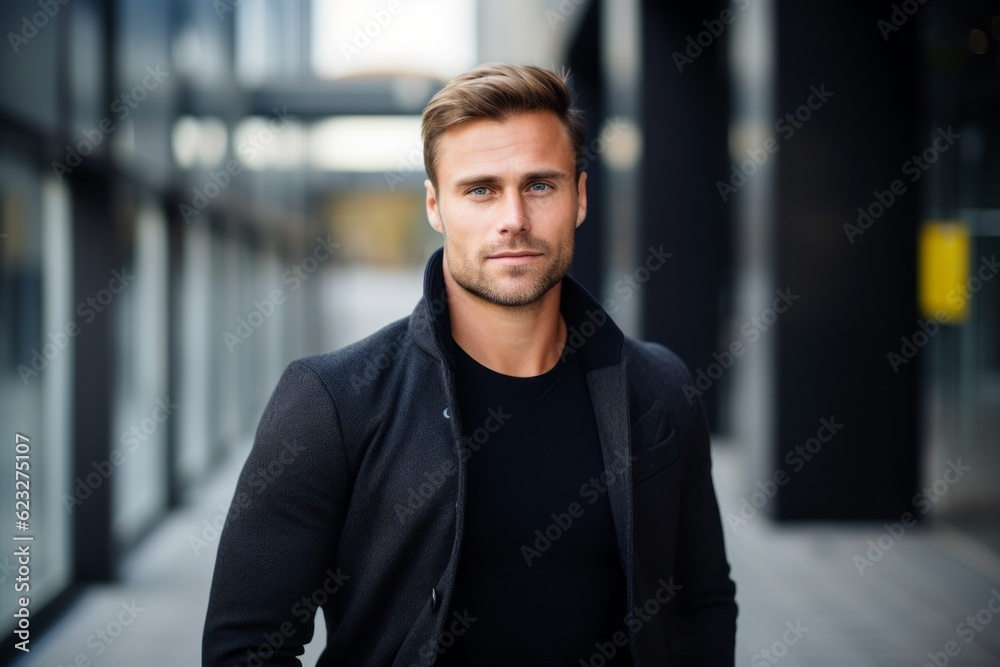 Wall mural portrait of a handsome young man in urban background. men's beauty, fashion.