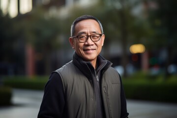 Obraz premium Portrait of a smiling asian senior man standing outdoors in the city