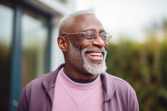 Portrait of smiling senior man with eyeglasses looking away outdoors