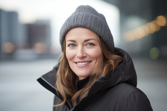 Close-up portrait photography of a happy Russian woman in her 40s wearing a warm parka against a modern architectural background 