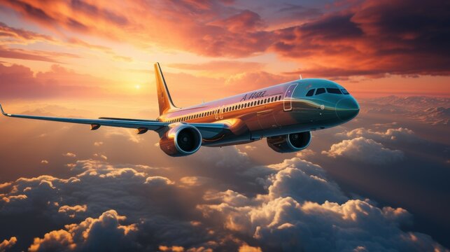 Commercial airplane flying above clouds in dramatic sunset light. High resolution of image. Fast Travel and transportation concept